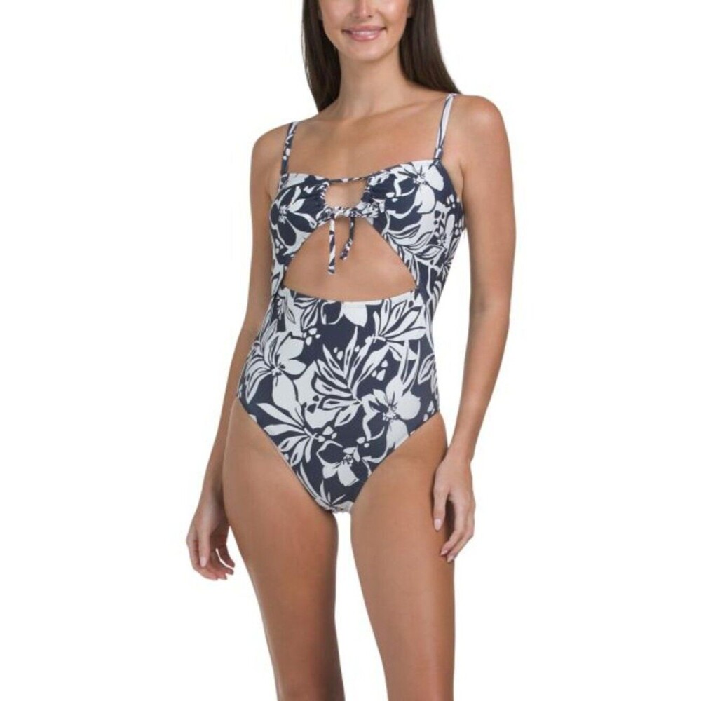 NWT Roxy Tie-Front Cutout One‑Piece Tummy Control Swimsuit Navy White Floral M